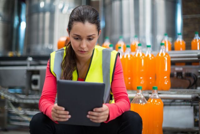 Female factory worker using digital tablet at drinks production factory