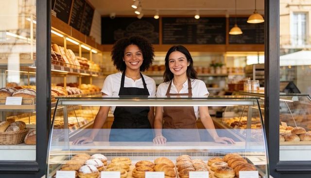 Smiling bakery staff serving fresh pastries from glass display at sunny urban storefront