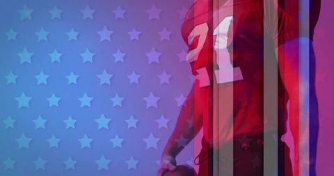 Patriotic football player posing with ball and flag overlay in dramatic red blue lighting
