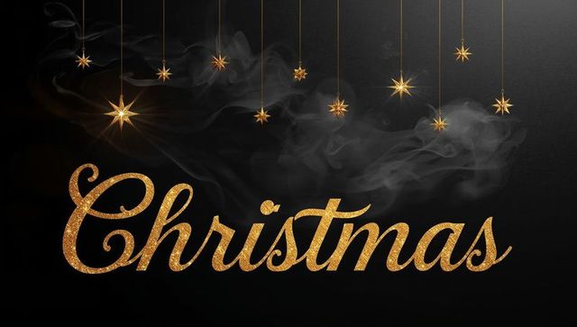 Gold glitter christmas calligraphy with hanging stars