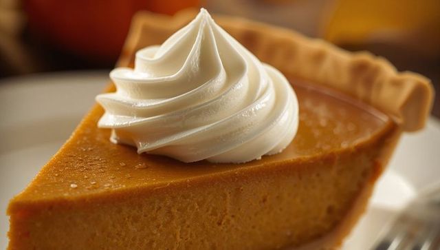Close-up of Pumpkin Pie Slice with Whipped Cream