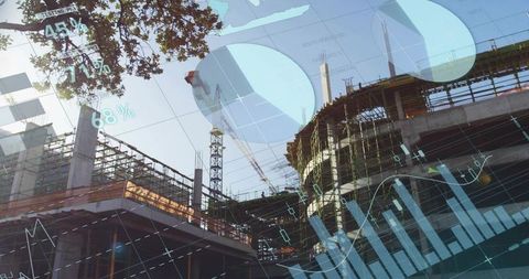 Smart construction site with augmented hud analytics overlay showing crane progress