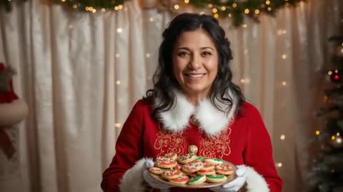 Smiling hostess presenting holiday cookie platter in festive living room with twinkle lights