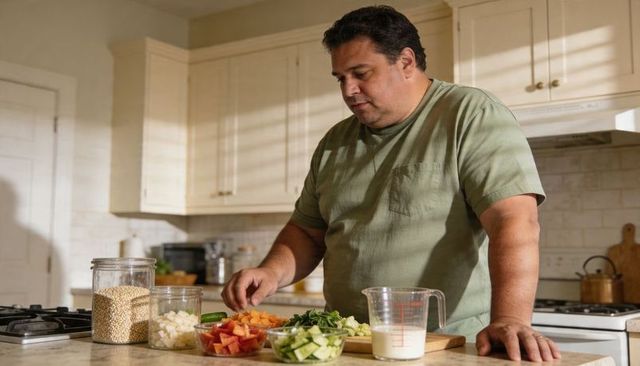 Man preparing chopped vegetables on sunlit kitchen counter for healthy home cooking