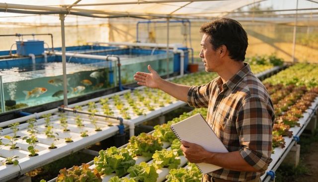 Inspecting aquaponic greenhouse with lettuce rows and fish tanks, asian farmer with notebook