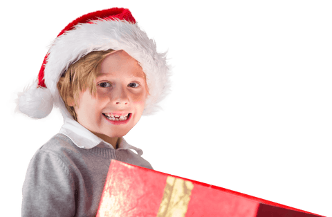 Smiling Young Boy Wearing Santa Hat with Gift on Transparent Background