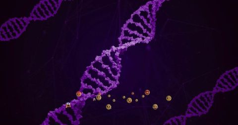 Digital DNA Helices and Emojis on Dark Purple Background
