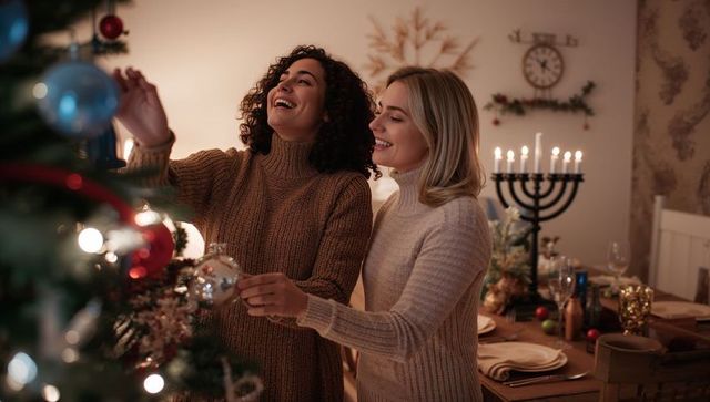 Two women decorating holiday tree and arranging festive table with menorah and candles