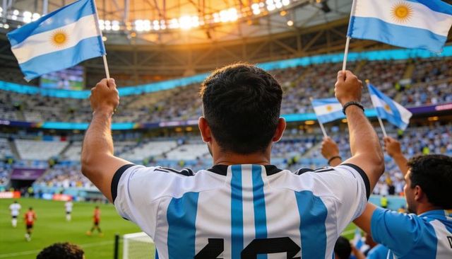 Passionate argentinian football fan waving national flags and cheering in packed stadium