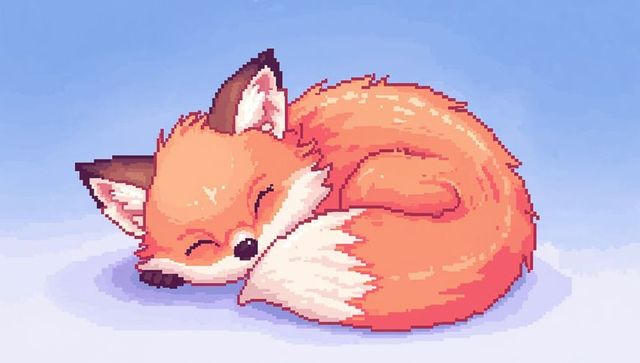 Sleeping pixel art fox curling bushy tail around face cute cozy retro game illustration