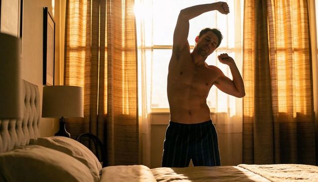 Sunlit morning stretch shirtless man in striped pajama pants waking up