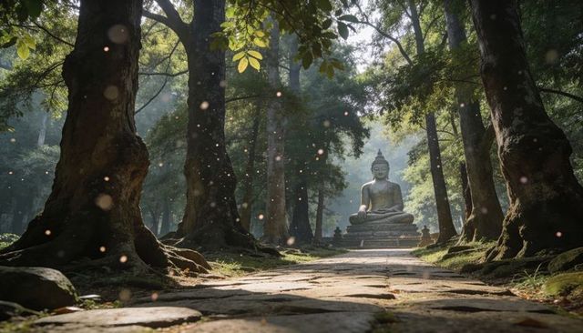 Leading stone pathway guiding gaze to seated buddha statue in sunlit forest sanctuary