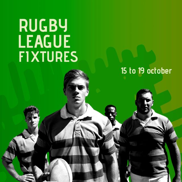 Composition of rugby league fixtures text over diverse male rugby players. Rugby league fixtures and celebration concept digitally generated image.