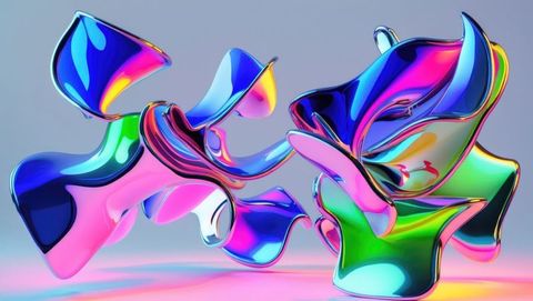 Glossy abstract metallic sculptures with vibrant rainbow hues