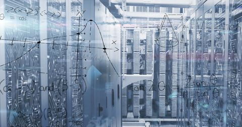 Futuristic Server Room with Superimposed Data and Equations - Download Free Stock Images Pikwizard.com