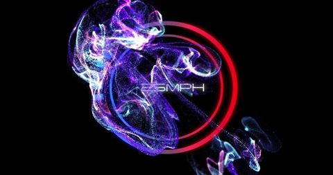 Swirling neon particle vortex with concentric red rings and 25mph glowing label