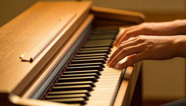 Playing upright piano keys with bare forearms warm wood grain close-up