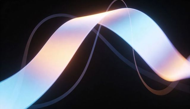 Glowing translucent ribbon curving across void with looping neon arcs, gradient light