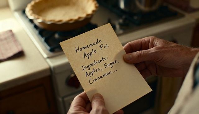 Senior hands reading homemade apple pie recipe card over stove with unbaked pie crust