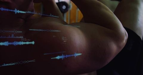 Crunching Muscular Man Holding Arm Behind Head with Blue Waveform Fitness Tech Overlay