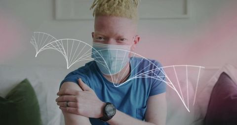 Pulling up sleeve and receiving vaccine at home, wearing mask, showing calm after injection