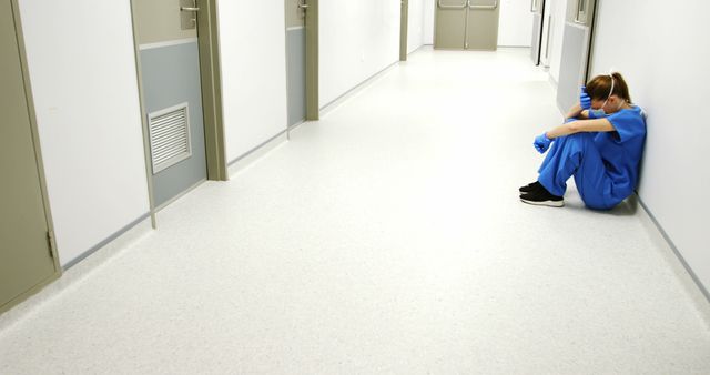 Nurse in scrubs sitting on hospital floor looking stressed - Download Free Stock Images Pikwizard.com