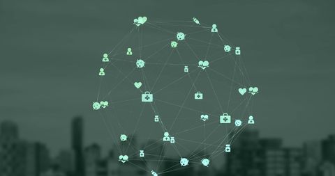 Connected Icons Forming Digital Network Over Urban Skyline - Download Free Stock Images Pikwizard.com