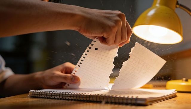 Hands tearing lined notebook paper over spiral notebook under warm desk lamp closeup