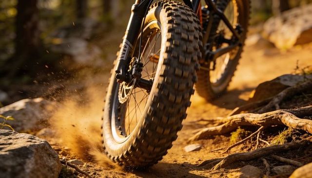 Mountain bike tire kicking dust over root-strewn singletrack at golden hour
