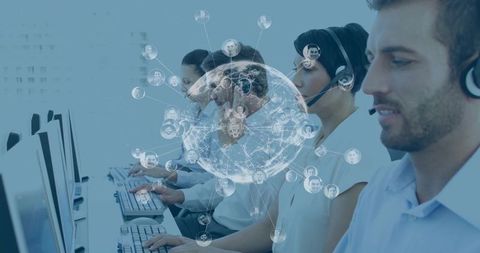 Call Center Team Working with Global Network Overlay for Customer Support and Connectivity