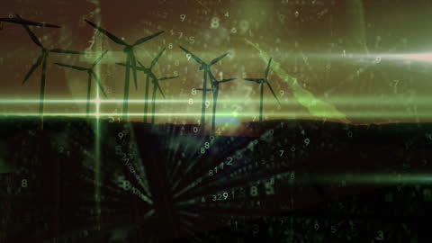 Digital Data Layers Over Wind Turbines at Sunset