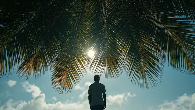 Silhouetted man beneath sunlit palm fronds