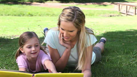 Mother and Daughter Bonding Through Reading in Park