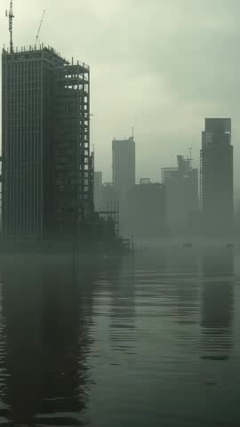 Fog-shrouded riverfront construction tower and distant skyline vertical cityscape video