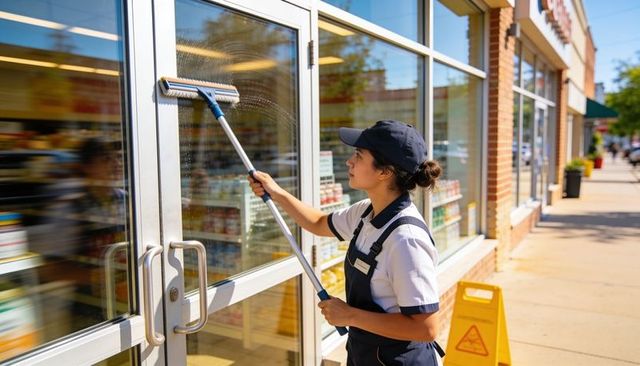 Retail worker cleaning storefront glass with squeegee on sunny sidewalk