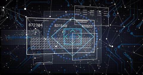 Futuristic Cybersecurity HUD Dashboard Showing Floating Keyboard Grid and Network Nodes