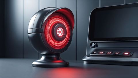 Futuristic red alert sensor device on tech-lab bench