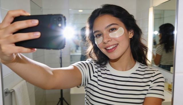 Smiling woman taking skincare selfie with under-eye hydrogel patches in bathroom mirror