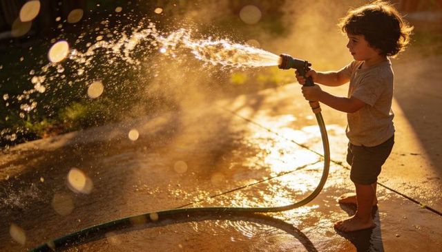 Child playing with garden hose at golden hour spraying water across backyard patio