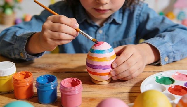 Child painting colorful striped easter egg with paintbrush on rustic wooden table