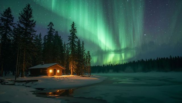 Winter Cabin alongside Frozen Lake under Spectacular Aurora Borealis