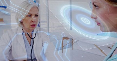 Doctor using augmented reality diagnostics while examining patient with stethoscope and hud