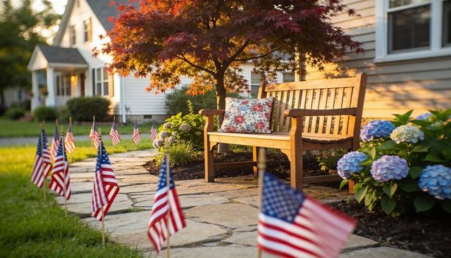American flags lining stone path to wooden bench under japanese maple with hydrangeas