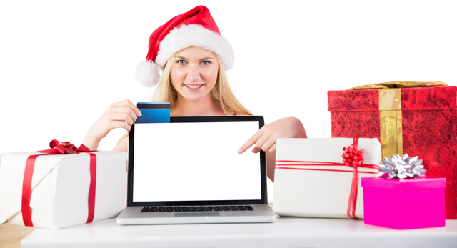 Transparent: Woman in Santa Hat Showing Laptop Screen with Credit Card and Gifts - Download Free Stock Videos Pikwizard.com