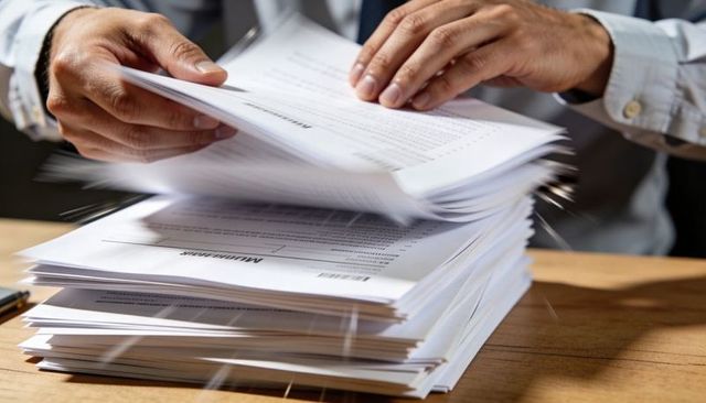 Office clerk sorting large stack of documents with visible barcodes on wooden desk