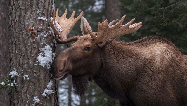 Bull moose rubbing muzzle on pine trunk in snow-covered boreal forest with palmate antlers