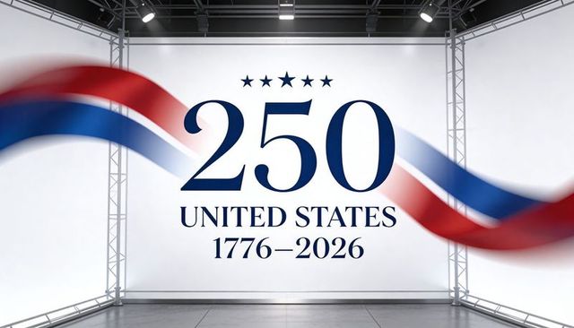 250th anniversary united states 1776–2026 patriotic stage backdrop with red blue ribbon