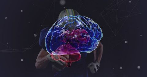Holographic Brain Overlay on Helmeted Football Player Running with Ball, Concussion Concept