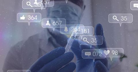 Clinician Preparing Vaccine Syringe and Vial with Social Media Notification Overlays