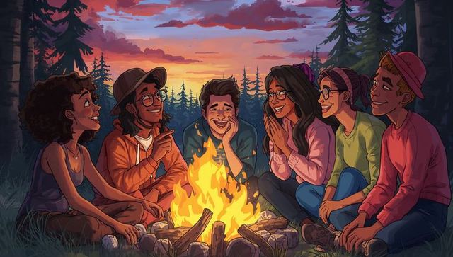 Friends Sharing Stories Around Campfire at Sunset in Forest Clearing